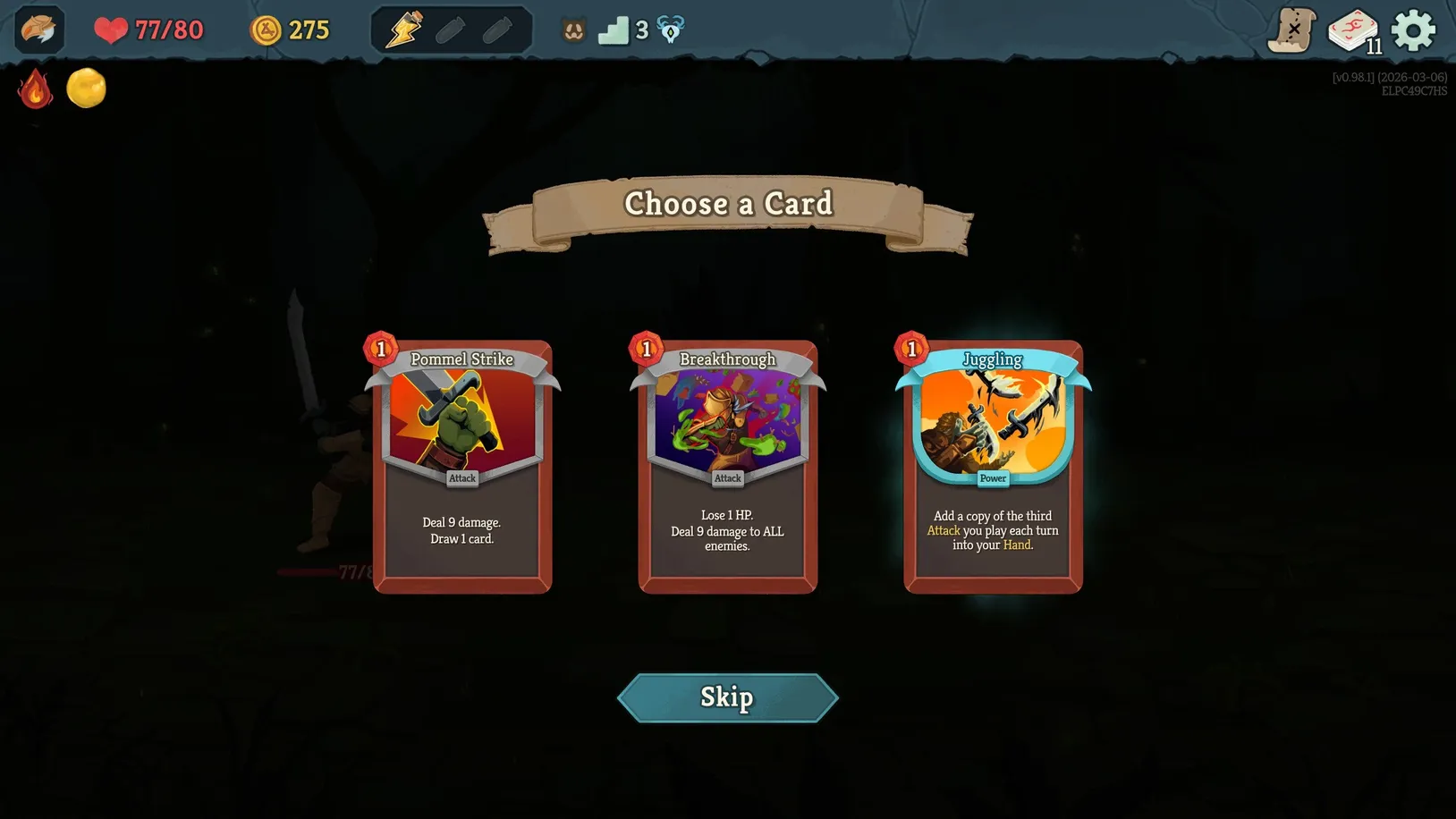 Slay the Spire 2 post-combat card reward selection — choose one of three cards