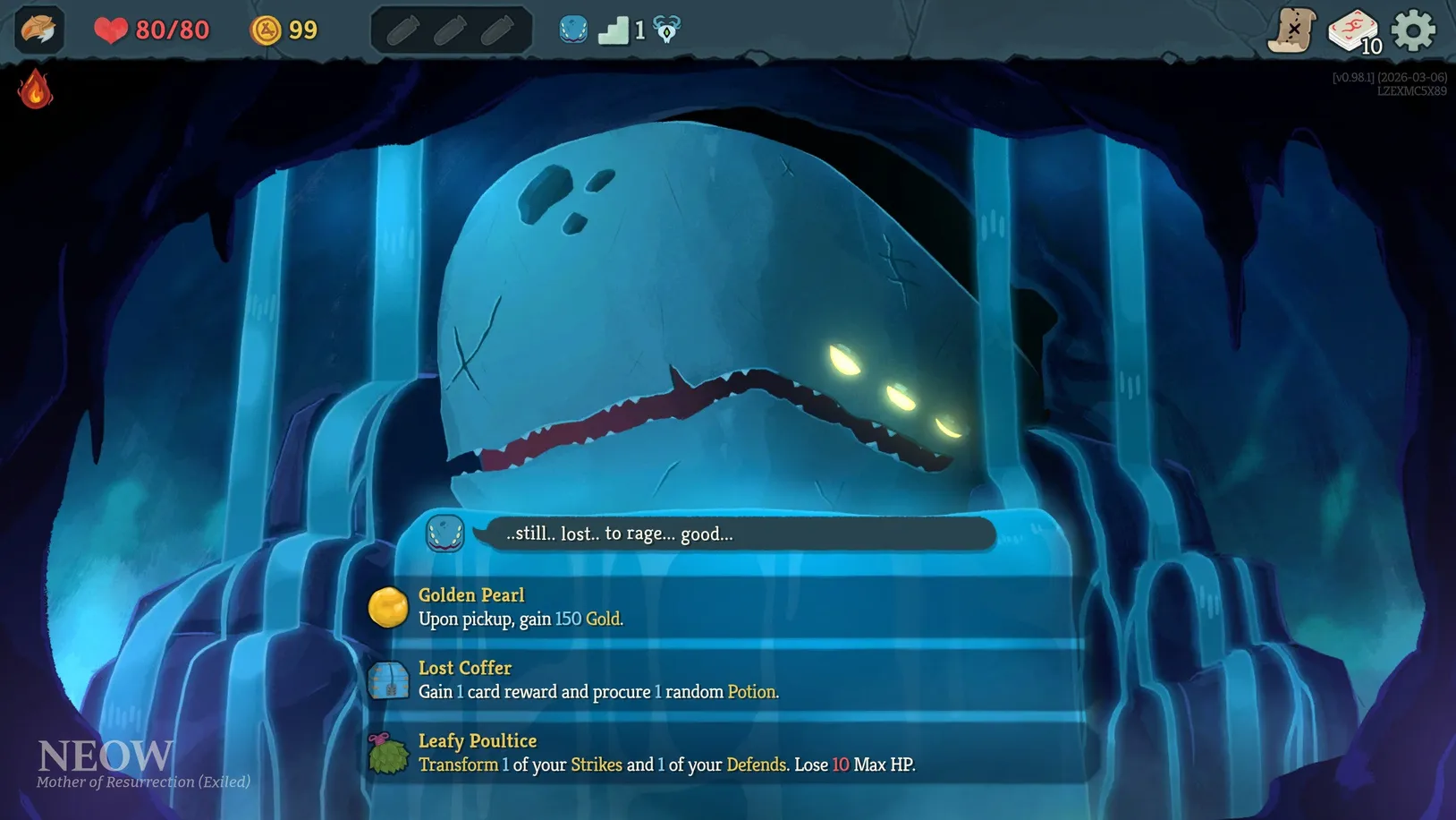 Neow offering three starting blessings at the beginning of a Slay the Spire 2 run