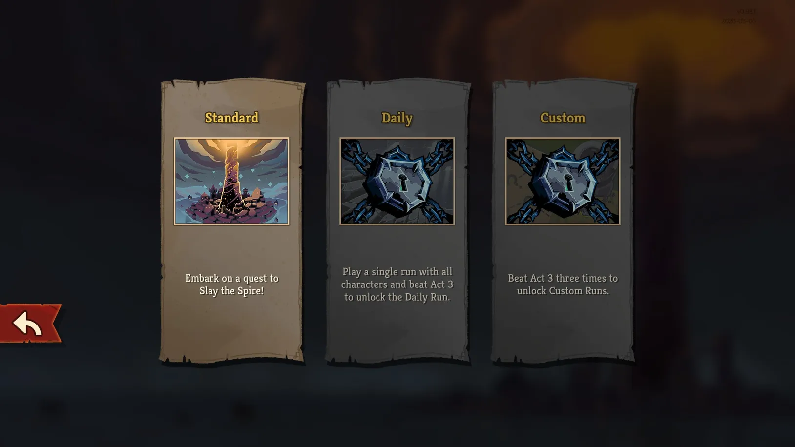 Slay the Spire 2 run type selection — Standard, Daily, and Custom